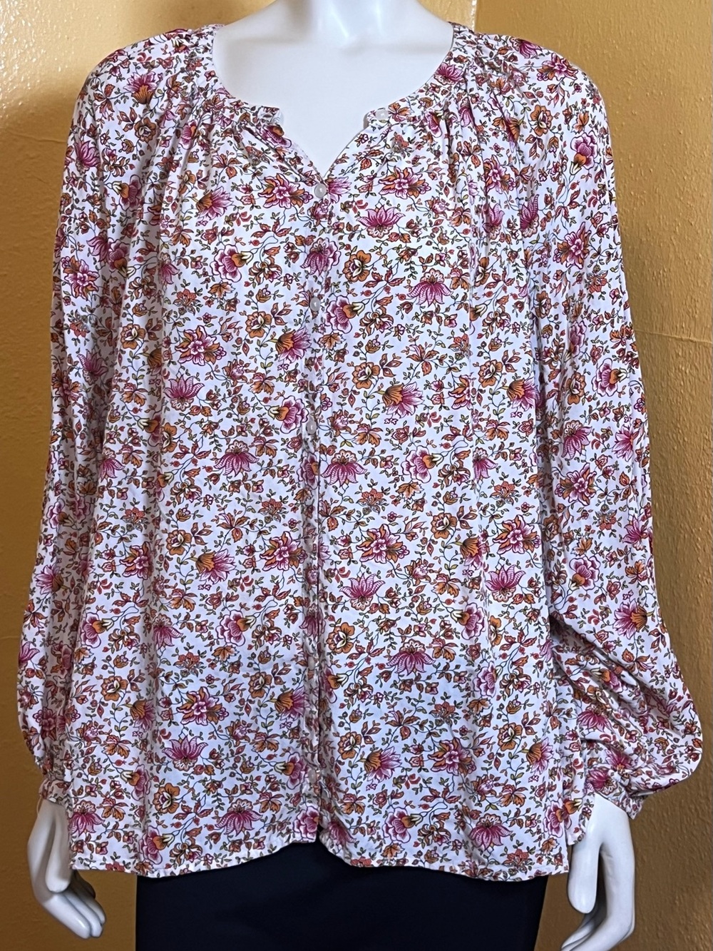 Floral Poet Blouse White Pink Orange Boho Button Front, XXL